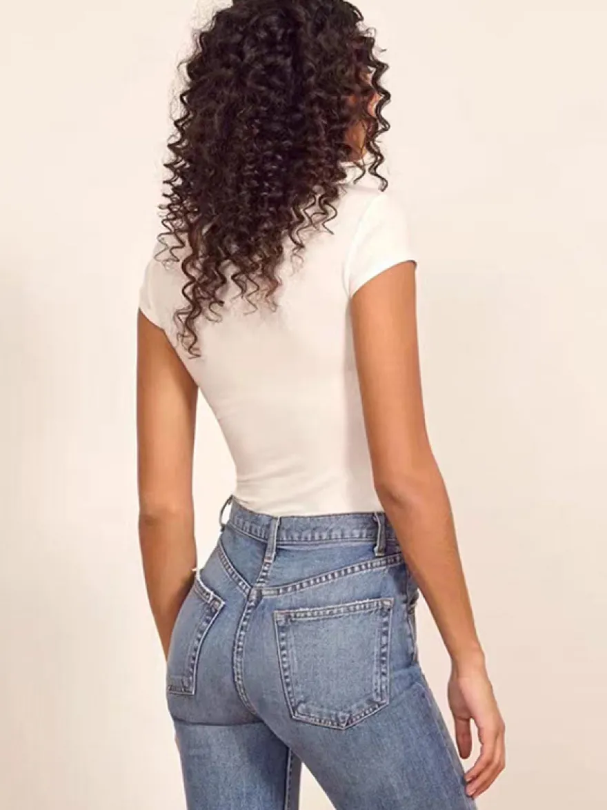 Body manches courtes café marron bijou cou passepoil décontracté Polyester femmes haut