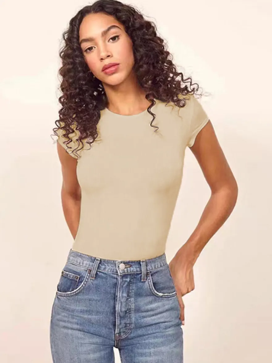 Body manches courtes café marron bijou cou passepoil décontracté Polyester femmes haut