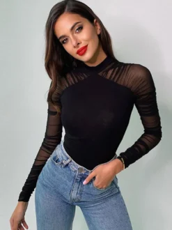 Body À Manches Longues Transparentes Noir Col Haut Chic Femme