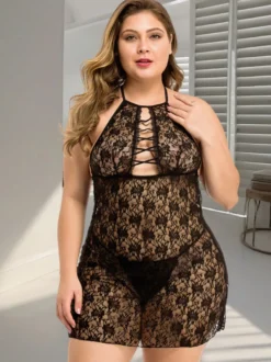 Body nuisette en dentelle à découpes et dos nu grande taille shorty en dentelle florale transparente