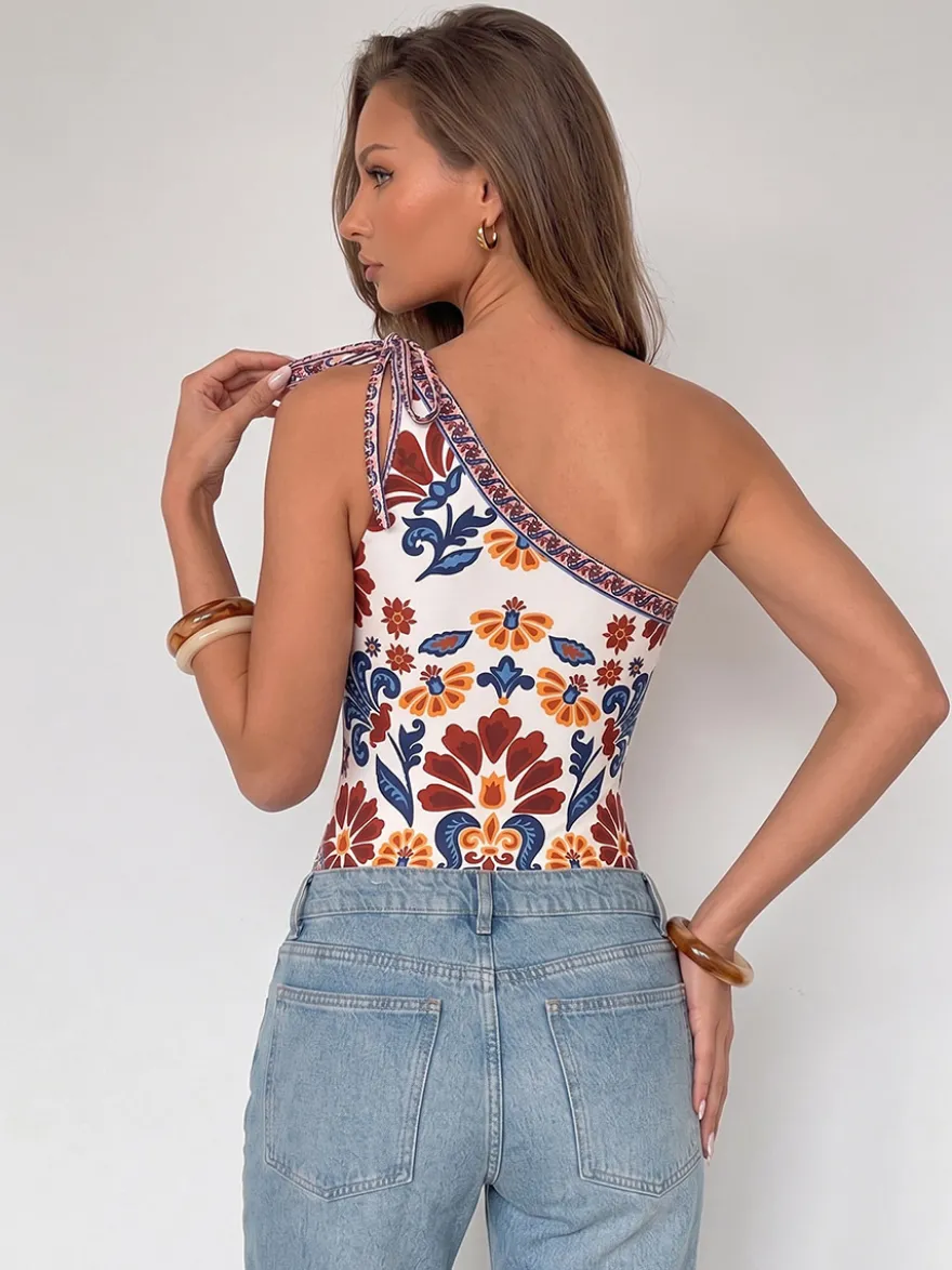 Body sans manches bordeaux à lacets dos nu asymétrique imprimé bohème haut pour femme