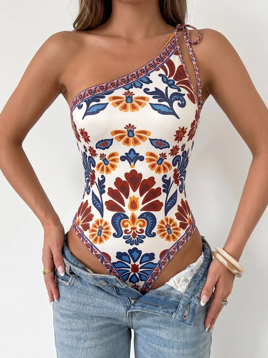 Body sans manches bordeaux à lacets dos nu asymétrique imprimé bohème haut pour femme