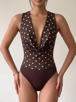 Body sans manches marron foncé à pois et col en V haut sexy en polyester pour femme