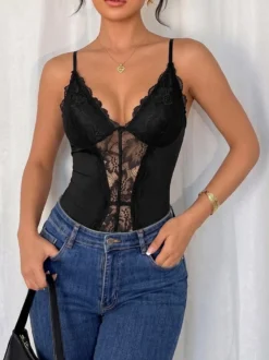 Body sans manches noir dos nu à bretelles fines haut sexy pour femme