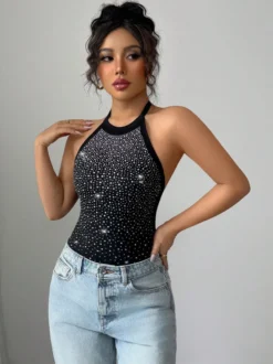 Body sans manches noir dos nu orné de strass haut chic en coton pour femme