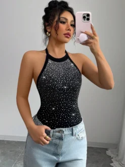 Body sans manches noir dos nu orné de strass haut chic en coton pour femme