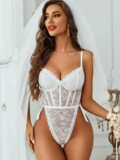 Body sexy en dentelle florale blanche transparente pour femme