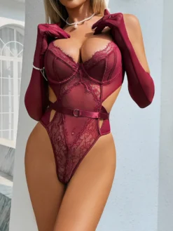 Body Teddy bordeaux en dentelle transparente et résille ajourée avec gants