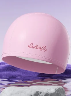 Bonnet de bain imperméable en PU couleur unie avec inscription papillon pour cheveux longs