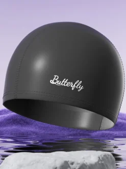 Bonnet de bain imperméable en PU couleur unie avec inscription papillon pour cheveux longs