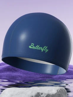 Bonnet de bain imperméable en PU couleur unie avec inscription papillon pour cheveux longs
