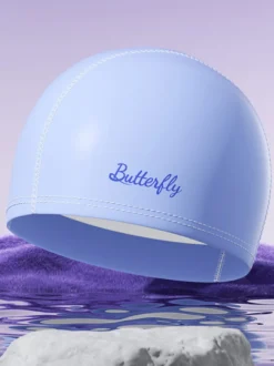 Bonnet de bain imperméable en PU couleur unie avec inscription papillon pour cheveux longs