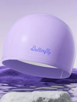 Bonnet de bain imperméable en PU couleur unie avec inscription papillon pour cheveux longs
