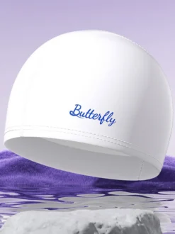 Bonnet de bain imperméable en PU couleur unie avec inscription papillon pour cheveux longs
