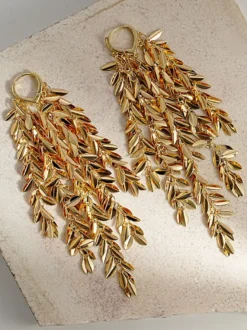 Boucles d'oreilles dorées pour adulte style européen décontracté motif feuille et géométrie. Bijou du quotidien