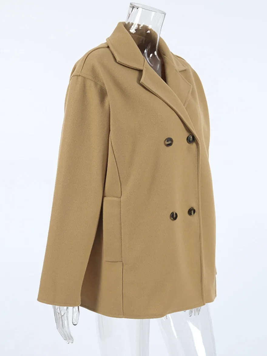 Caban camel croisé pour femme - Coupe carrée minimaliste à revers cranté - Collection streetwear printemps 2026 au luxe discret