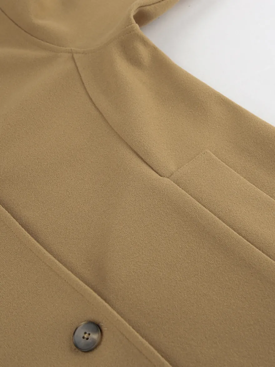 Caban camel croisé pour femme - Coupe carrée minimaliste à revers cranté - Collection streetwear printemps 2026 au luxe discret