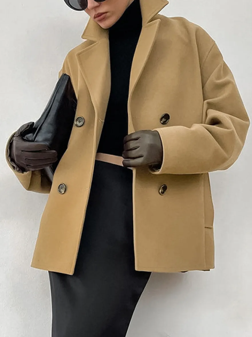 Caban camel croisé pour femme - Coupe carrée minimaliste à revers cranté - Collection streetwear printemps 2026 au luxe discret
