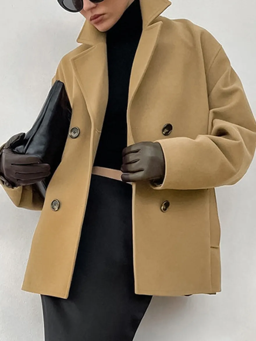 Caban camel croisé pour femme - Coupe carrée minimaliste à revers cranté - Collection streetwear printemps 2026 au luxe discret