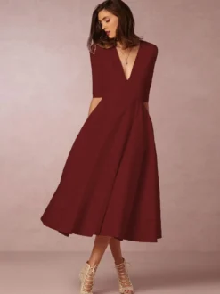 Cadeau Saint Valentin Robe de Soirée en Mousselines Longues à Col V avec Manches Mi-longues Coupe Cintrée Bas Evasée Unicolore Robe de Cocktail