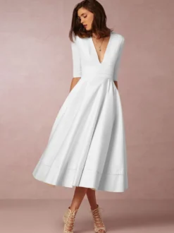 Cadeau Saint Valentin Robe de Soirée en Mousselines Longues à Col V avec Manches Mi-longues Coupe Cintrée Bas Evasée Unicolore Robe de Cocktail