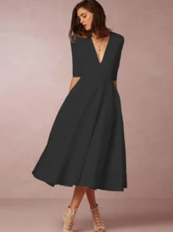 Cadeau Saint Valentin Robe de Soirée en Mousselines Longues à Col V avec Manches Mi-longues Coupe Cintrée Bas Evasée Unicolore Robe de Cocktail