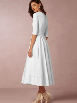 Cadeau Saint Valentin Robe de Soirée en Mousselines Longues à Col V avec Manches Mi-longues Coupe Cintrée Bas Evasée Unicolore Robe de Cocktail
