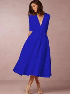 Cadeau Saint Valentin Robe de Soirée en Mousselines Longues à Col V avec Manches Mi-longues Coupe Cintrée Bas Evasée Unicolore Robe de Cocktail