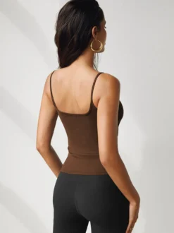 Café Marron Cami Top Bretelles Cou Sexy Polyester Femmes Camis