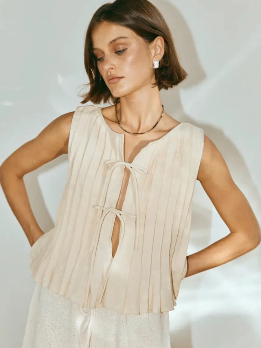 Camisole blanc top à lacet plissé coton lin décontracté femmes haut