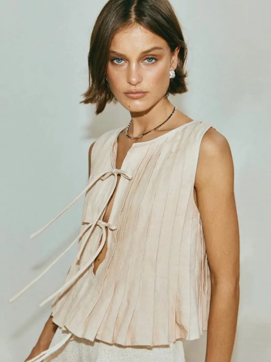 Camisole blanc top à lacet plissé coton lin décontracté femmes haut