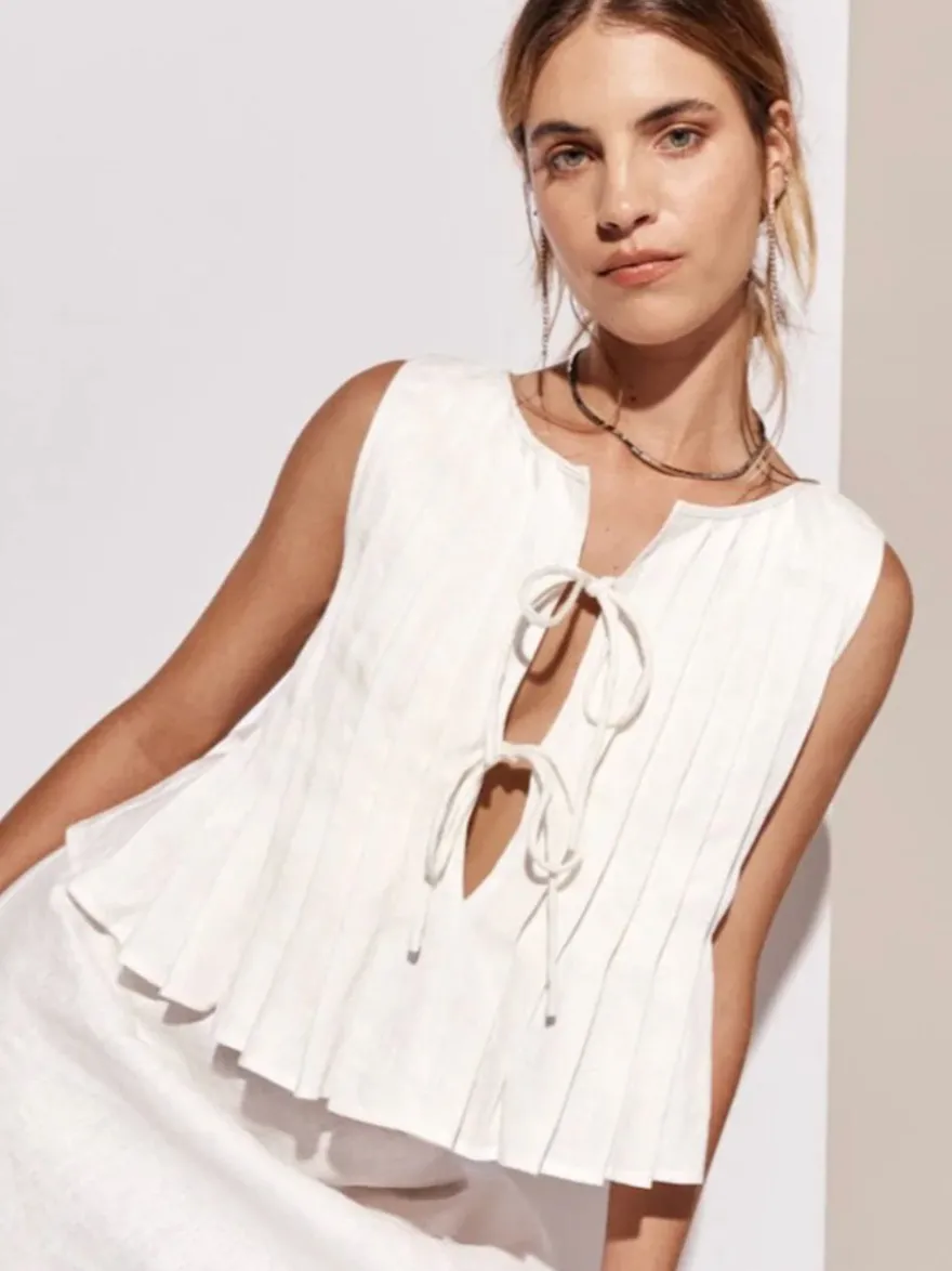 Camisole blanc top à lacet plissé coton lin décontracté femmes haut