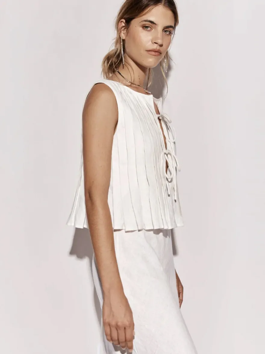 Camisole blanc top à lacet plissé coton lin décontracté femmes haut
