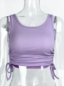 Camisole bleu ciel clair col en U cordon de serrage Polyester Convertible Chic femmes Camis