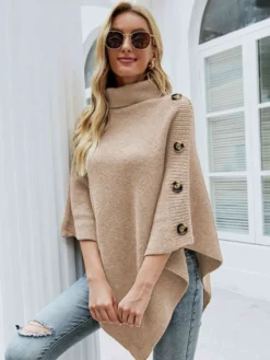 Cape Poncho Femme Côtelé à Col Montant avec Manches Longues Unicolore Manteau Femme