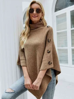 Cape Poncho Femme Côtelé à Col Montant avec Manches Longues Unicolore Manteau Femme