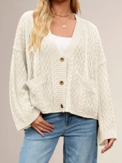Cardigan court oversize à manches longues et épaules tombantes col en V en maille torsadée et poche boutonnée