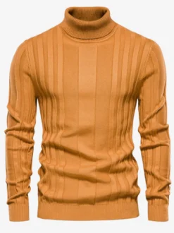 Cardigan Homme Pull Tricot Col Haut Hiver Café Marron Jaune