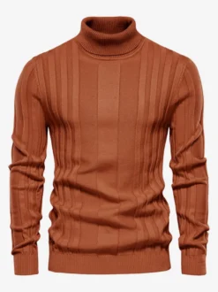 Cardigan Homme Pull Tricot Col Haut Hiver Café Marron Jaune