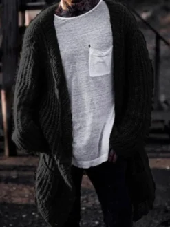 Cardigan Long Pour Hommes Pulls Décontracté Manches Longues Noir Café Marron