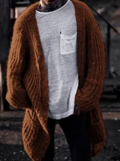 Cardigan Long Pour Hommes Pulls Décontracté Manches Longues Noir Café Marron