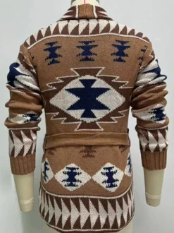 Cardigan Pour Homme Pulls Chic Géométrique Manches Longues Marron Café Ceinture