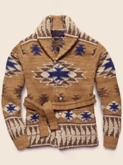 Cardigan Pour Homme Pulls Chic Géométrique Manches Longues Marron Café Ceinture