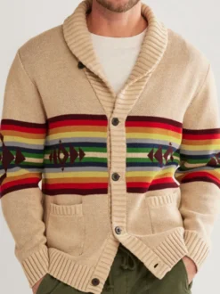 Cardigan pour hommes Pulls Simple Géométrique Manches Longues Kaki