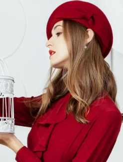 Chapeau de laine rétro béret femmes chapeau bourgogne arcs vintage coiffes Déguisements Halloween