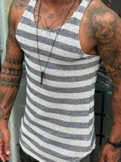 Chars de vêtements pour hommes T-shirts & Tanks Tank Tank Tank Singlet Bijou Col Strips Slim Fit Grey Grey Summer Top