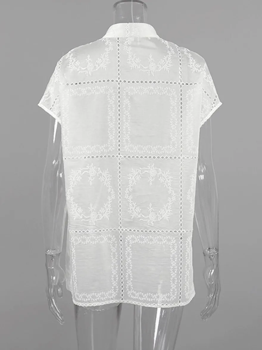 Chemise blanche à lacets pour femme col montant manches 3/4 style décontracté