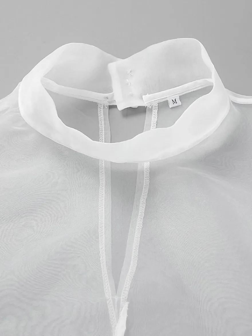 Chemise blanche pour femme col montant boutons chics manches longues