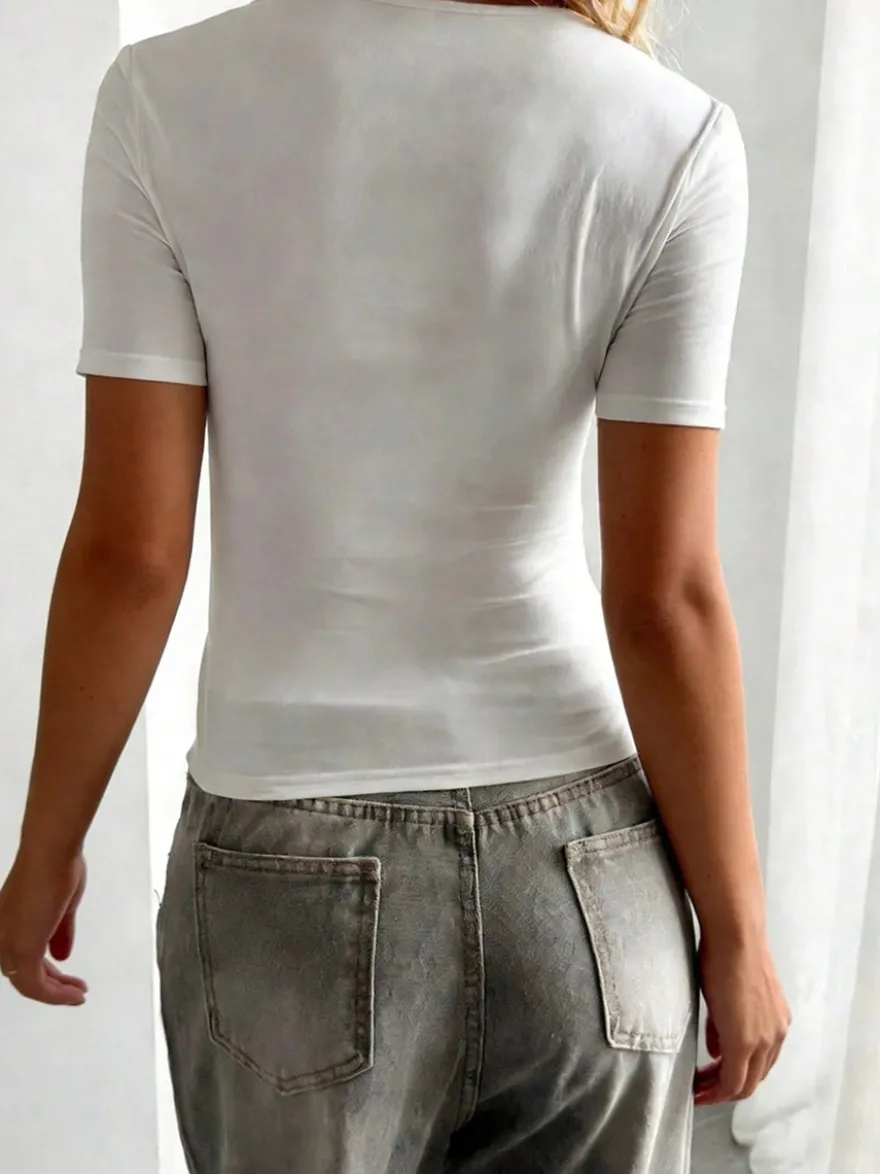 Chemise blanche pour femme col en V lacé manches courtes style décontracté