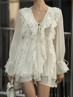 Chemise blanche à volants pour femme col en V manches longues élégantes